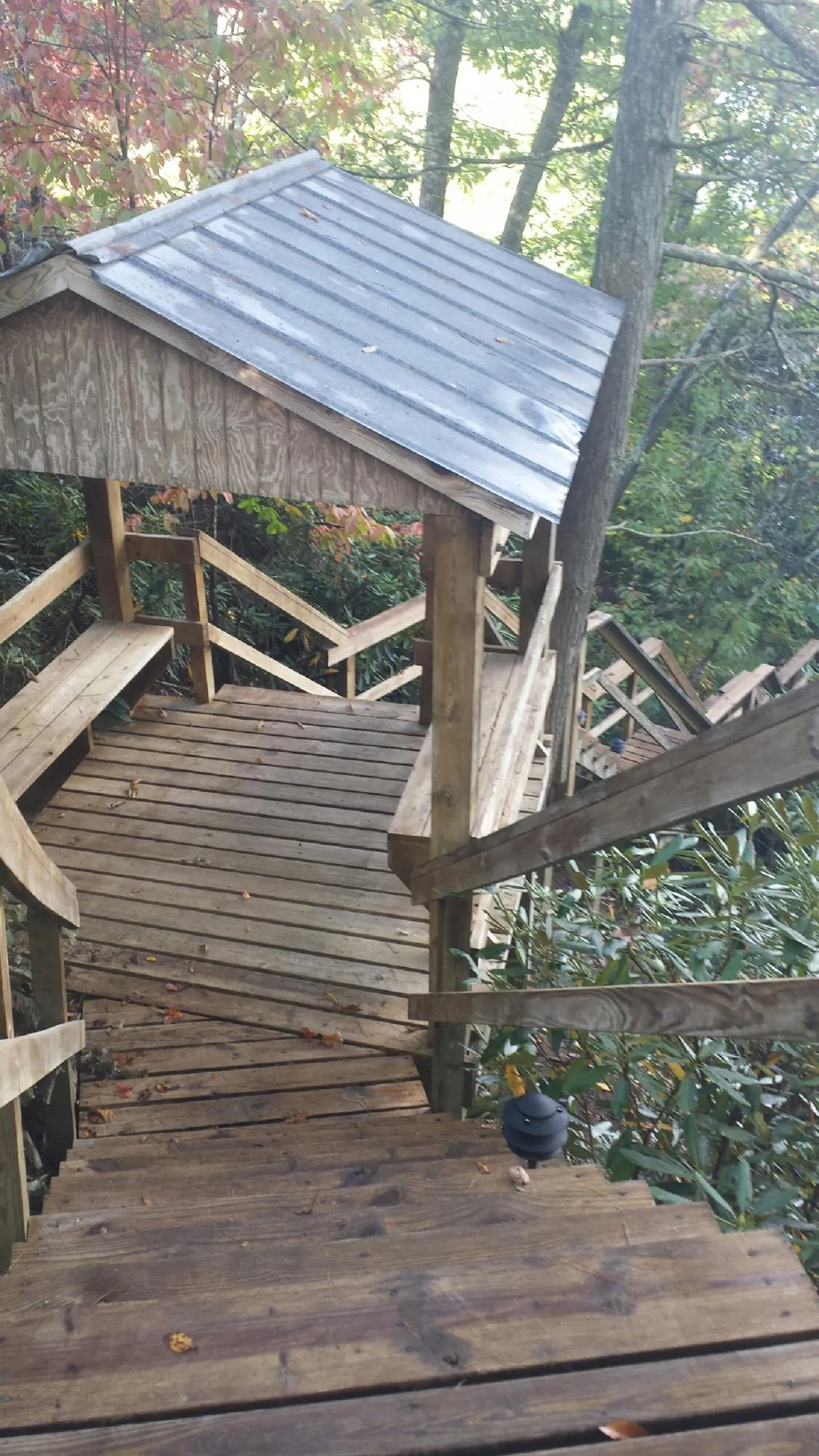 Metal roofed shelter over wooden steps on a wooded walkway — Skylight Repair & Installation work by our crew in Middle Point